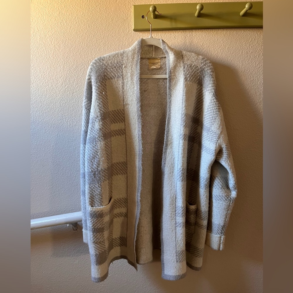 Francesca’s grey and white plaid cardigan